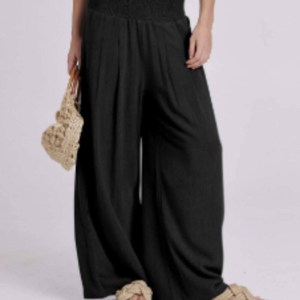 ANRABESS Women Palazzo Pants Boho Baggy Wide Leg High Smocked Waist / Size L